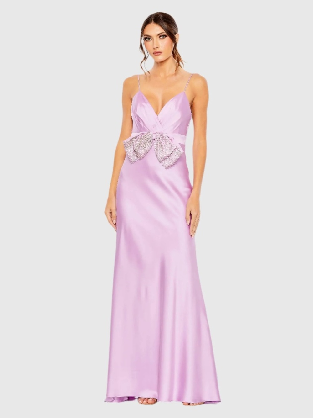 Mac Duggal Rhinestone Bow Cami Draped Trumpet Gown